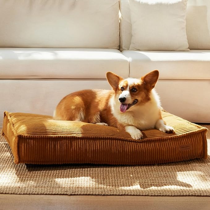 FUKUMARU 5.5-Inch Thick Dog Bed Mat, Washable Cat Bed with Waterproof Lining, Orthopedic Dog Beds for Senior Dogs, Cozy Flat Dog Kennel Bed for Crate, Non-Slip Pet Pillow Bed, Yellow
