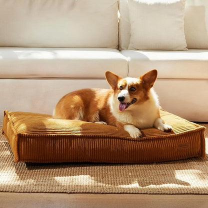 FUKUMARU 5.5-Inch Thick Dog Bed Mat, Washable Cat Bed with Waterproof Lining, Orthopedic Dog Beds for Senior Dogs, Cozy Flat Dog Kennel Bed for Crate, Non-Slip Pet Pillow Bed, Yellow