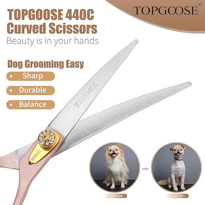 TOPGOOSE Professional Curved Dog Grooming Scissors 7.5'' 440C Stainless Steel Pet Cutting Shears Safety Trimming Shearing for Dogs Cats (Rose Gold, Curved Shear)