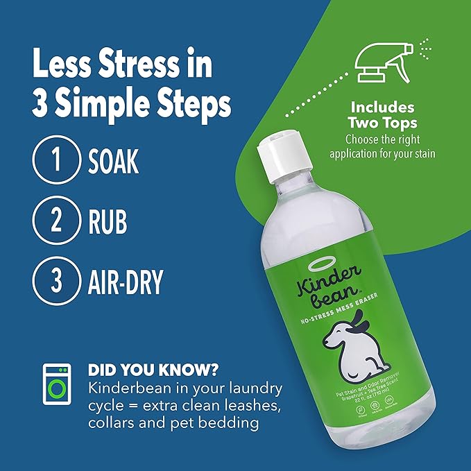 Kinderbean Dog & Cat Urine Stain and Odor Eliminator for Carpet, Upholstery, Hard Floors - 2-Pack 32 oz., Grapefruit & Thyme Scent, Enzyme Bio-Active Formula with Squeeze and Spray Top