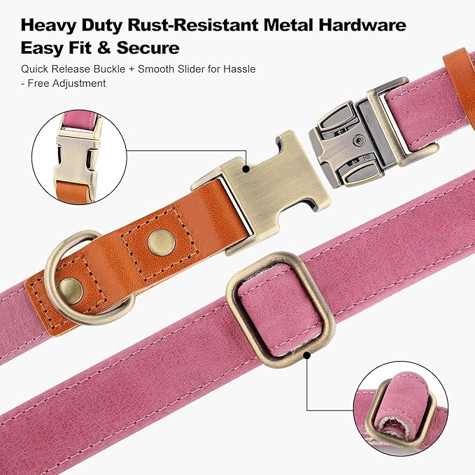 Plutus Pet Genuine Leather & Hemp Dog Collar – Adjustable Heavy Duty Pet Collar with Quick Release Metal Buckle, Soft & Stylish for Puppy and Small, Medium, Large Dogs (Pink, S)
