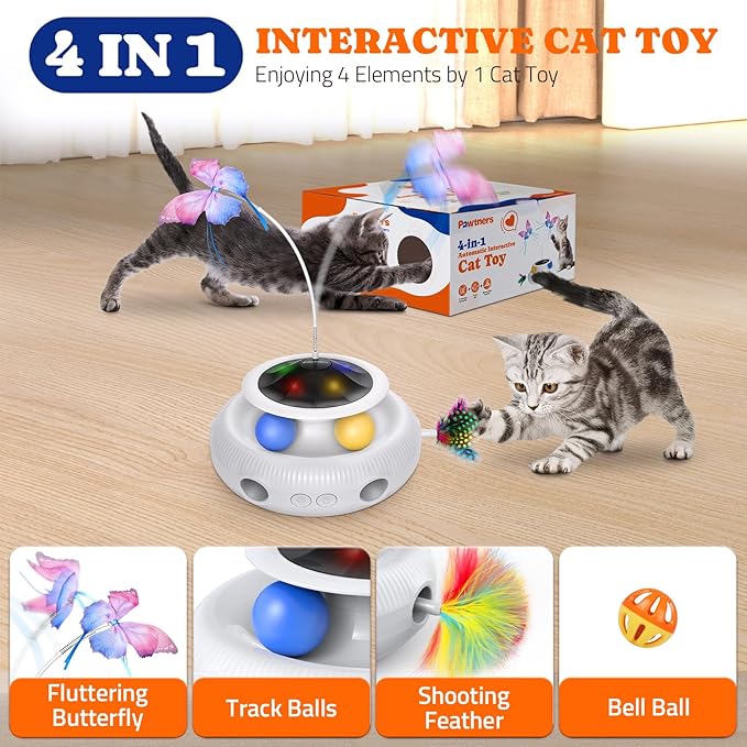 Pawtners Interactive Cat Toy, 4 in 1 Automatic Interactive Kitten Toys for Indoor Cats Rechargeable with Fluttering Butterfly, Track Balls and Ambush Feather
