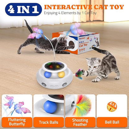Pawtners Interactive Cat Toy, 4 in 1 Automatic Interactive Kitten Toys for Indoor Cats Rechargeable with Fluttering Butterfly, Track Balls and Ambush Feather