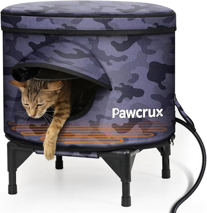 Heated Cat House for Outdoor in Winter, Metal Frame Cat Bed Kitty Shelter with Heating Pad, Insulated & Safe Escape Door & Weatherproof, Warm Home for Outside Stray Cat (Black camo, 16.9"x16.9")