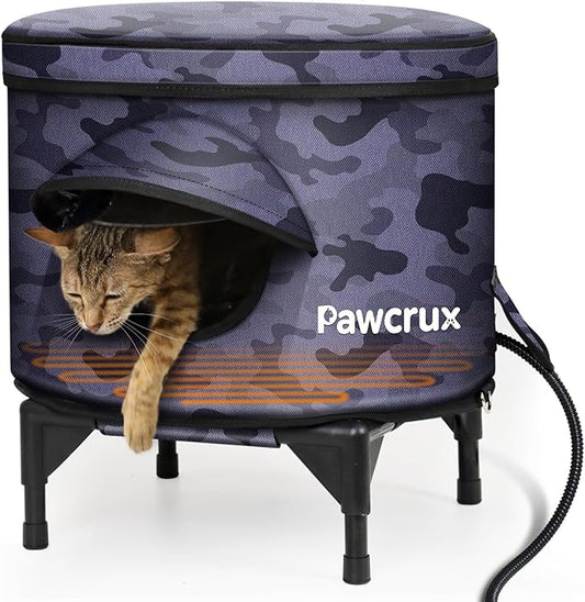 Heated Cat House for Outdoor in Winter, Metal Frame Cat Bed Kitty Shelter with Heating Pad, Insulated & Safe Escape Door & Weatherproof, Warm Home for Outside Stray Cat (Black camo, 16.9"x16.9")