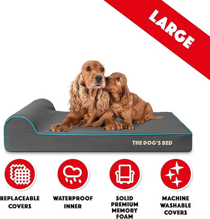 The Dog’s Bed Orthopedic Headrest Dog Bed Large Grey with Blue Trim, Memory Foam, Pain Relief for Arthritis, Hip & Elbow Dysplasia, Post Surgery, Waterproof Washable Cover, Veterinary Approved