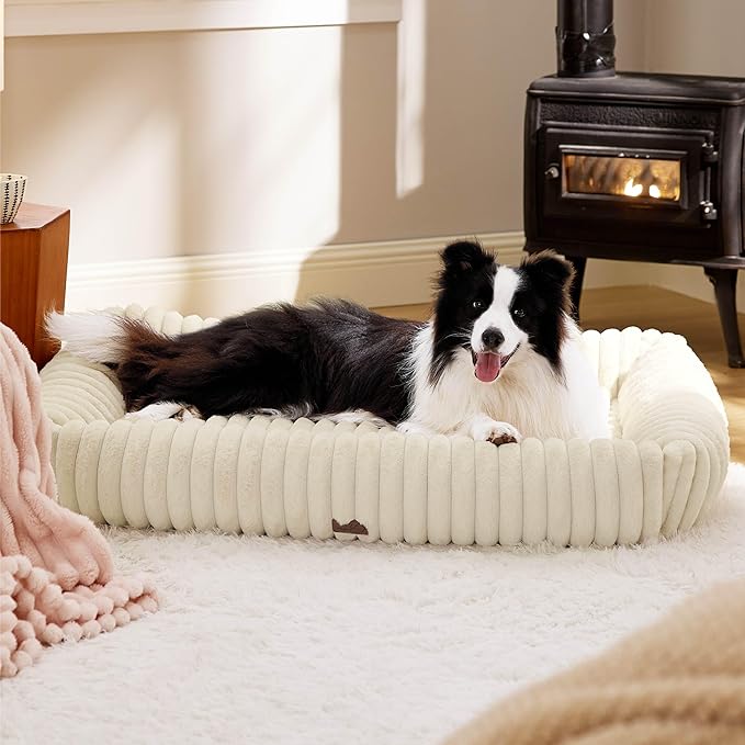 Bedsure ComfyFleece Cute Dog Bed for Extra Large Dogs - Washable Furry XL Pet Beds, Rectangle Orthopedic Corduroy Fleece Pet Beds with Removable Zipper Cover, 43x30x8inches, Cream