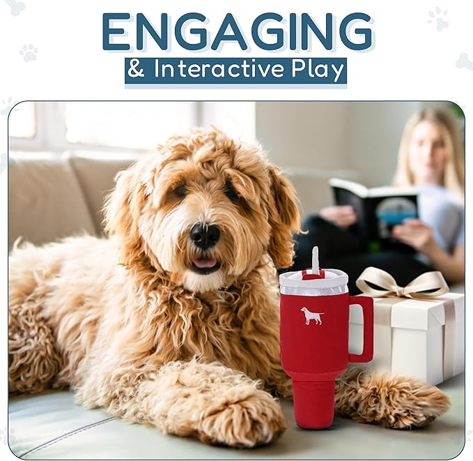 Pup Cup Tumbler Dog Toy – Cute Girl Dog Toy, Valentines & Birthday Gift, Interactive Squeaker, Fun Puppy Present (Ruby Red)