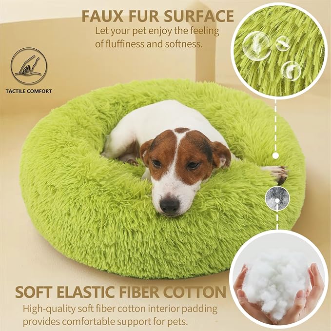 Calming Donut Dogs Beds for Small Dogs Washable,23inch Plush Round Pet Bed for Cozy Sleep,Fluffy Faux Fur Large Cat Bed,Fits up to 25 lbs Pets,Green