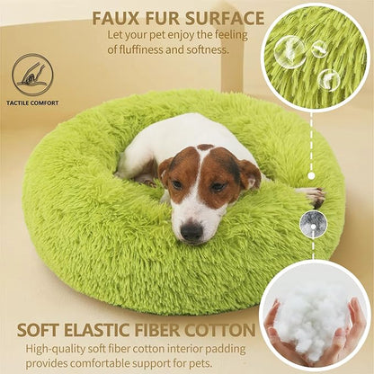 Calming Donut Dogs Beds for Small Dogs Washable,23inch Plush Round Pet Bed for Cozy Sleep,Fluffy Faux Fur Large Cat Bed,Fits up to 25 lbs Pets,Green