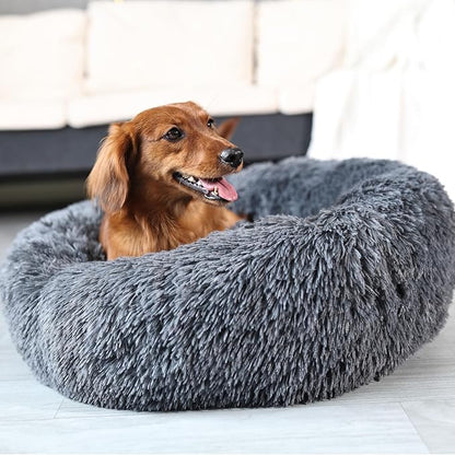 Calming Donut Dogs Beds for Medium Dogs up to 45 lb,30inch Anti-Slip Plush Round Dog Bed with Raised Rim,Fluffy Faux Fur Pet Bed for Cozy Sleep,Dark Grey
