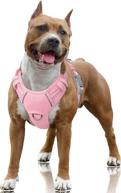 BARKBAY No Pull Dog Harness Large Reflective Dog Harness with Front Clip and Easy Control Handle for Walking Training Running with ID tag Pocket(Baby Pink,L)