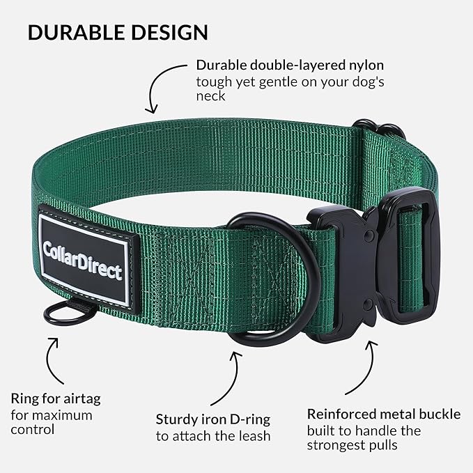 Heavy Duty Dog Collar for Large or Medium Dogs, Adjustable Strong Dog Collar for Active Dogs, Double-Layered Nylon (Green, 14-20)