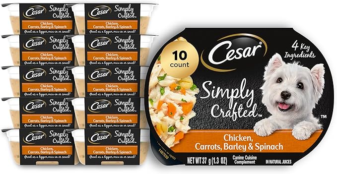 Cesar Simply Crafted Adult Wet Dog Food Toppers for Dry Food, Chicken, Carrots, Barley & Spinach, 1.3 oz Tubs, 10 Count