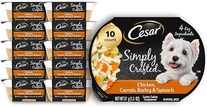 Cesar Simply Crafted Adult Wet Dog Food Toppers for Dry Food, Chicken, Carrots, Barley & Spinach, 1.3 oz Tubs, 10 Count