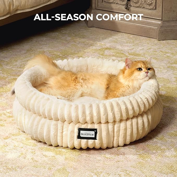 BALANCE Cat Bed Kitten Bed, Washable Round Cat Beds for Indoor Cats,Super Soft Plush Faux Fur Pet Bed for Puppy and Kitten with Anti-Slip Bottom