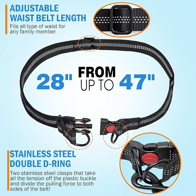 Hands Free Dog Leash with Waist Belt – No-Pull Bungee, Dual Padded Handles & Zipper Pouch for Running, Walking & Training – Adjustable Waist Leash for Large & Medium Dogs (Black)