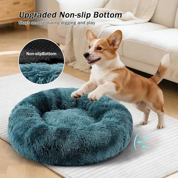 NOYAL Calming Donut Dog Bed for Small to Medium Dogs & Cats - Plush Faux Fur Anti-Anxiety Pet Bed with Machine Washable Cover & Non-Slip Base