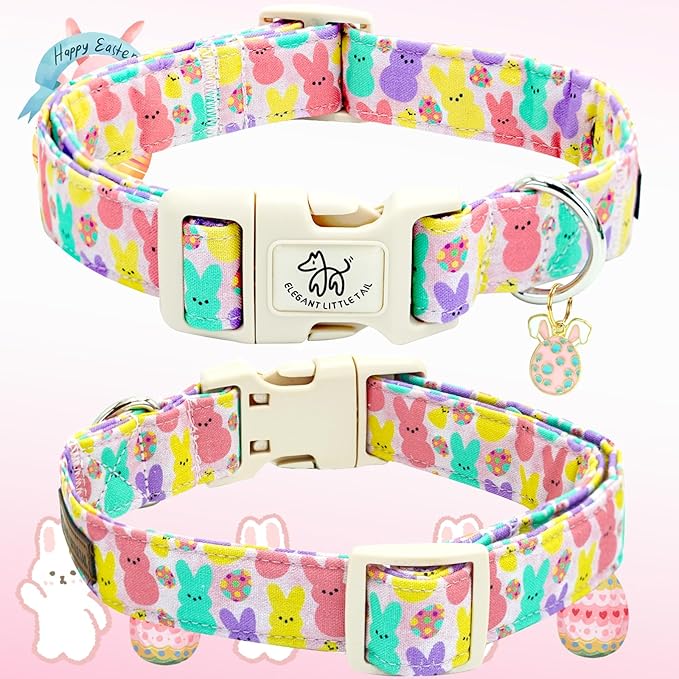 Elegant little tail Easter Dog Collar,Bunny Pattern Pet Collar Pink Durable Holiday Female or Male Adjustable Cotton Pet Collar with Quick Release Buckle for X-Small Puppy