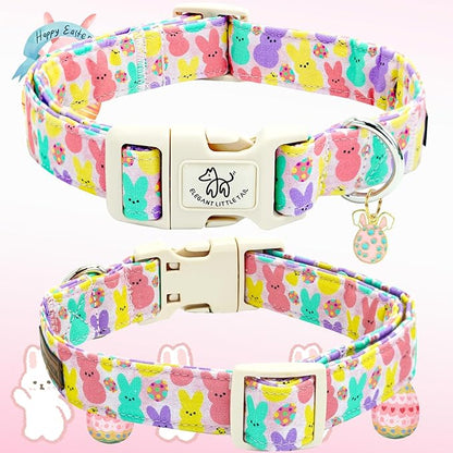 Elegant little tail Easter Dog Collar,Bunny Pattern Pet Collar Pink Durable Holiday Female or Male Adjustable Cotton Pet Collar with Quick Release Buckle for X-Small Puppy