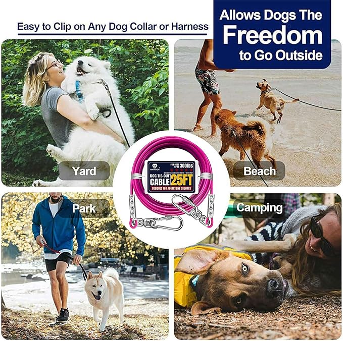 Tie Out Cable for Large Dog Runner for Yard, Pet Run Leash Heavy Duty Swivel Hooks Lead Holds Break Strength of 1000lbs, Steel Wire Dog Chain Leash Cable for Yard (Magenta 25FT)