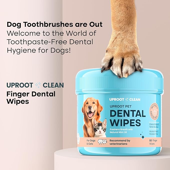 Uproot Clean Pet Dental Finger Wipes for Dogs & Cats (50ct.): Easy & Effective Cat and Dog Teeth Cleaning Wipes - Dog Dental Tissues for Plaque, Tartar, & Bad Breath - Safe, Rinse-Free, Disposable