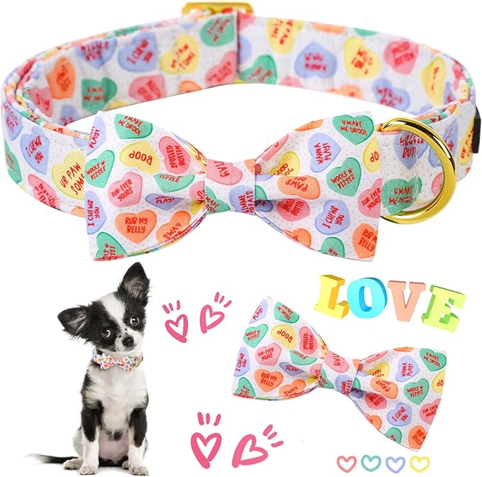 ARING PET Valentine's Day Dog Collar with Bow, Cute Adjustable Heart Bowtie Pet Collars with Metal Buckle for Puppy Small Medium Large Boy Girl Dogs-S