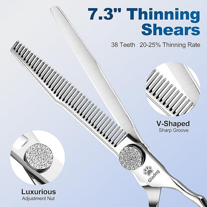GLADOG Luxury Dog Grooming Scissors Set - 7" Straight, 6.5" Thinning, 7" Chunkers, 7" Curved - 9CR Steel, Silver Luxe, Right Hand, Plastic Handle, 4 Count