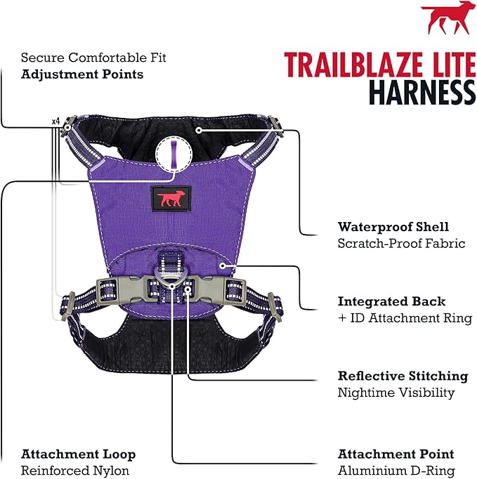 Tuff Pupper All-Day Wear Dog Harness | for Walking, Trail Running, Hiking | Front & Back Leash Clips | Reflective Trim | Easy On/Off Buckles | Lightweight Breathable | No Pull Design (Small, Purple)