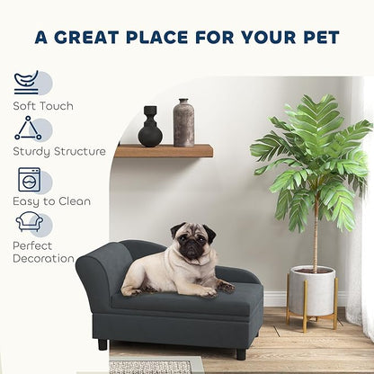 PawHut Luxury Fancy Dog Couch with Hidden Storage, Small Dog Sofa Bed with 2" Soft Foam, Modern Pet Furniture for Puppies & Little Breeds, Dark Gray