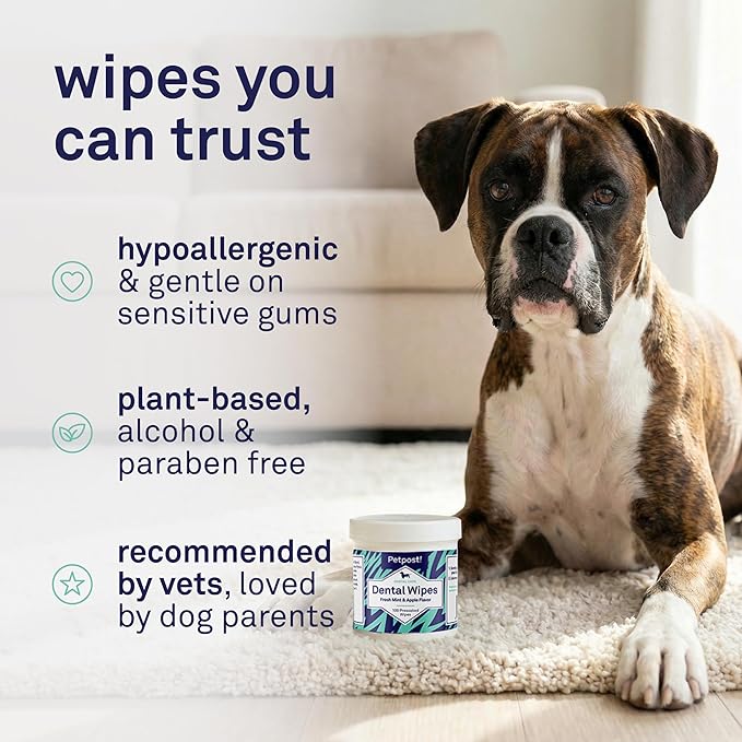 Petpost Dental Wipes for Dogs | 100 Count Presoaked Pads in Natural Tooth Cleaning Solution | Bad Breath and Tooth Buildup Remover