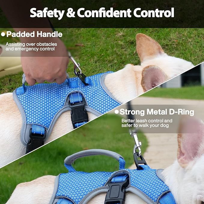 Huntboo Escape Proof Dog Harness, Escape Artist Harness, Reflective Dog Harness with Handle, Durable,Adjustable Vest for Small Medium Large Dogs Walking, Training, and Running Gear(Sea Blue,L)
