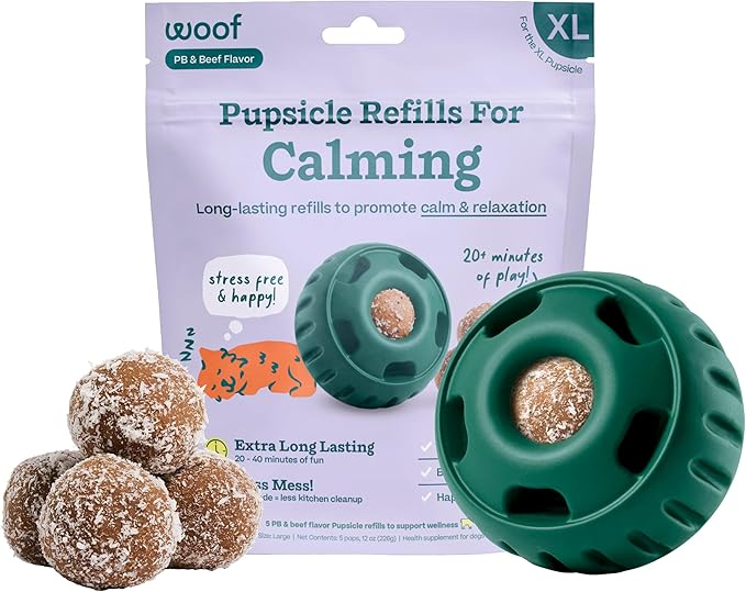 Woof Pupsicle Calming Starter Kit - Pupsicle and Calming Pops Bundle - Long-Lasting Interactive Dog Toy, Low-Mess Design - 10 Refills with Thiamine, Tryptophan, Passion Flower for XL Dogs 75 lbs and U