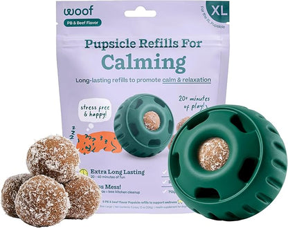 Woof Pupsicle Calming Starter Kit - Pupsicle and Calming Pops Bundle - Long-Lasting Interactive Dog Toy, Low-Mess Design - 10 Refills with Thiamine, Tryptophan, Passion Flower for XL Dogs 75 lbs and U