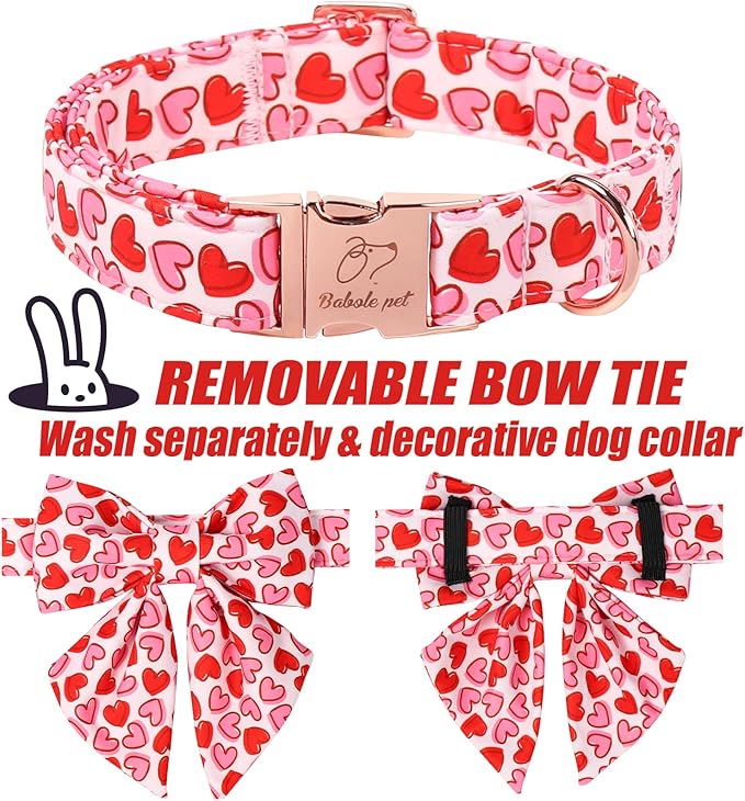 Valentines Dog Collar with Lady Bow - Cute Red Pink Hearts Valentine Sailor Bowtie Dog Collars, Adjustable Metal Buckle Male Female Dogs Collar for Small Medium Large Dogs L