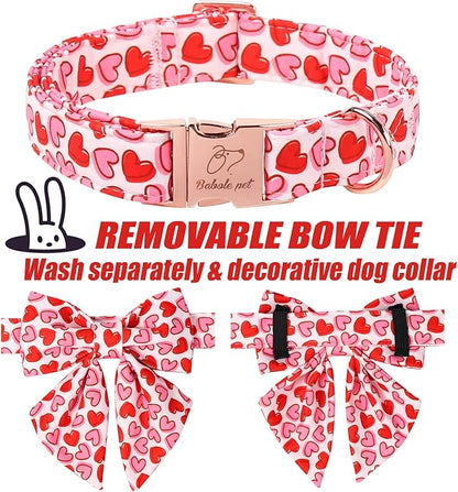 Valentines Dog Collar with Lady Bow - Cute Red Pink Hearts Valentine Sailor Bowtie Dog Collars, Adjustable Metal Buckle Male Female Dogs Collar for Small Medium Large Dogs M