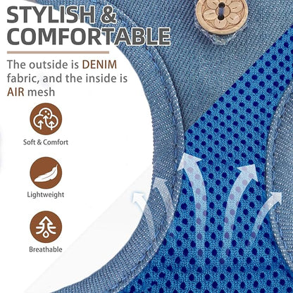 PUPTECK Dog Harness and Leash Set for Small Medium Dogs No Pull Step-in Soft Mesh Puppy Cat Vest Harnesses Reflective at Night, Denim Steelblue S