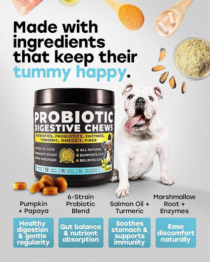 Chewable Dog Probiotics – All-in-One PhD-Endorsed Digestive Enzymes, Prebiotics, Turmeric, Omega-3 & Fiber – Gut, Diarrhea, Itchy Skin & Ear Support – All Ages, Made in USA, 140 Beef Chews