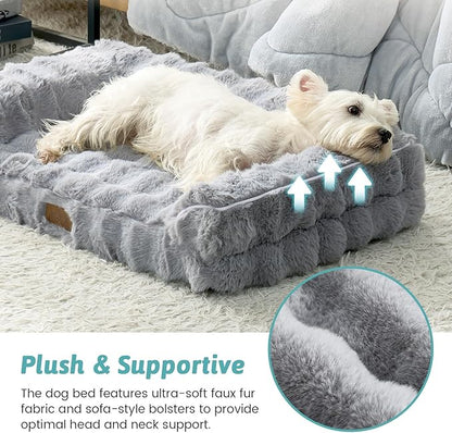 COZY KISS Faux Rabbit Fur Orthopedic Dog Bed, Dog Bed for Medium Size, Supportive Foam Pet Sofa with Waterproof Lining Cover, Washable U-Shaped Pet Couch with Anti-Slip Bottom, Grey M 30x20x6.5 inch