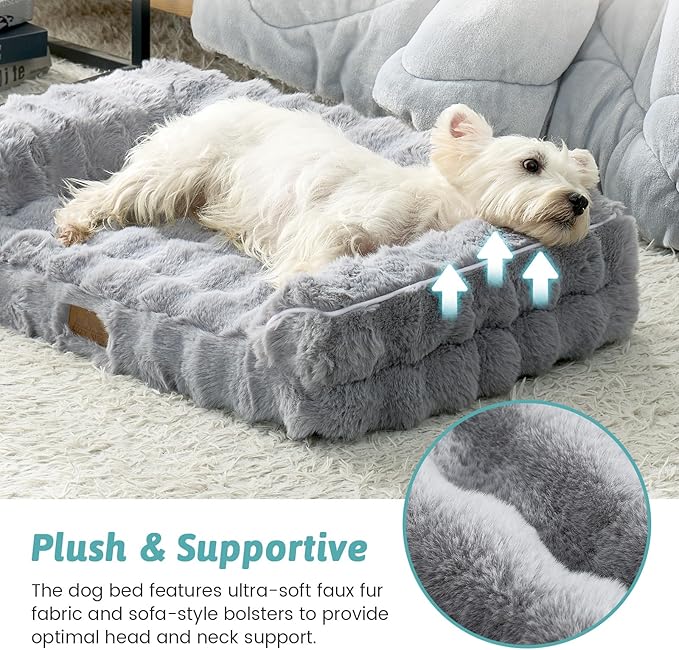 COZY KISS Faux Rabbit Fur Orthopedic Dog Bed, Dog Bed for Large Size, Supportive Foam Pet Sofa with Waterproof Lining Cover, Washable U-Shaped Pet Couch with Anti-Slip Bottom, Grey L 36x27x6.5 inch