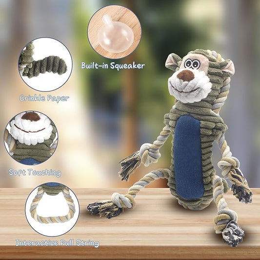 BUYPOW Funny Plush Dog Chew Toys, Squeaky Dog Toys, Interactive Tug of War Puppy Toys, Stuffed Dog Toys for Small, Medium and Large Dogs - Monkey