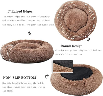Calming Donut Dogs Beds for Small Dogs Washable,19inch Fluffy Round Puppy Bed for Puppies,Cats & Toy Breeds with Raised Rim,Fits up to 15 lbs Pets,Camel