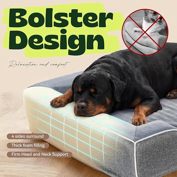 48 Inch XXL Orthopedic Dog Couch Bed for Extra Large Dogs Up to 100 lbs,Cooling Gel Memory Foam + Egg Crate Foam,Waterproof Removable Washable Cover,4-Sided Bolster,Non-Slip Bottom,Dark Grey