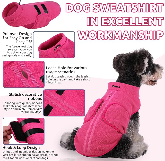 Queenmore XL Dog Sweater, Soft Fleece Vest Pullover Dog Jacket with Leash Hole, Warm Winter Dog Clothes Cold Weather Doggy Dachshund Sweaters for Large Dogs Cats Boy or Girl (Pink, XL)