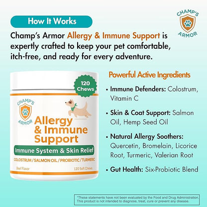 Allergy Relief for Dogs - Dog Itchy Skin & Dog Skin Allergies Treatment Chews with Natural Antihistamine, Colostrum, Salmon Oil, Probiotics for Seasonal Allergies Dogs - 120 Beef Flavor Soft Chews