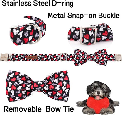 Unique style paws Valentine's Day Dog Collar with Bow Tie Black & Red Heart Puppy Collar Best Gothic Style Gift for Small Medium Large Boys Girls-XS