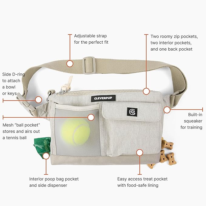 Cleverpup, Dog Walk & Train Sling Bag - Hands-Free 2-In-1 Treat Pouch, Poop Bag Holder, Clicker, Phone Pocket - Crossbody/Fanny Pack, Adjustable Strap - Sand