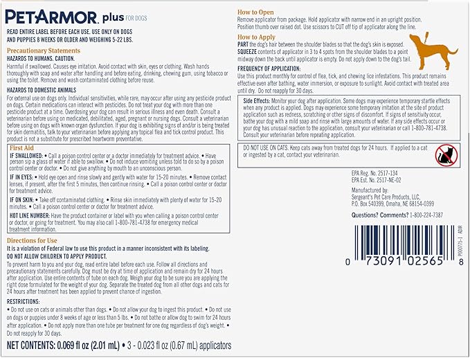 PetArmor Plus Flea and Tick Prevention for Dogs, Small Dog Flea and Tick Treatment, 6 Doses, Waterproof Topical, Fast Acting (5-22 lbs)