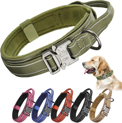 KCUCOP Tactical Dog Collar for Medium & Large Dogs - Military Nylon Heavy Duty Collar with Handle, Reflective Strip & Metal Buckle for Training, Outdoor (Green Reflective, Medium)