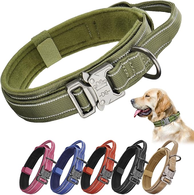 KCUCOP Tactical Dog Collar for Medium & Large Dogs - Military Nylon Heavy Duty Collar with Handle, Reflective Strip & Metal Buckle for Training, Outdoor (Green Reflective, Large)